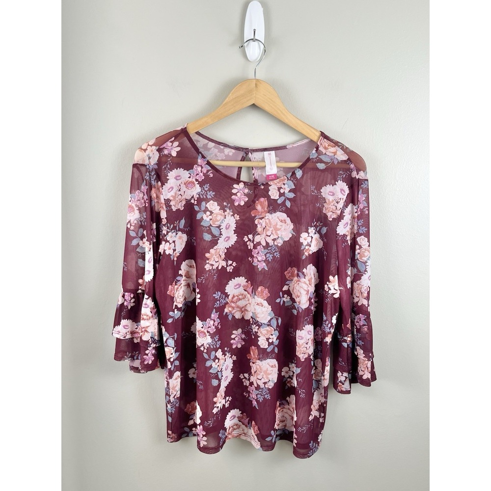 Dark Floral Mesh Womens Top Burgundy Sheer Ruffle Bell Sleeve Stretch Sz XL
